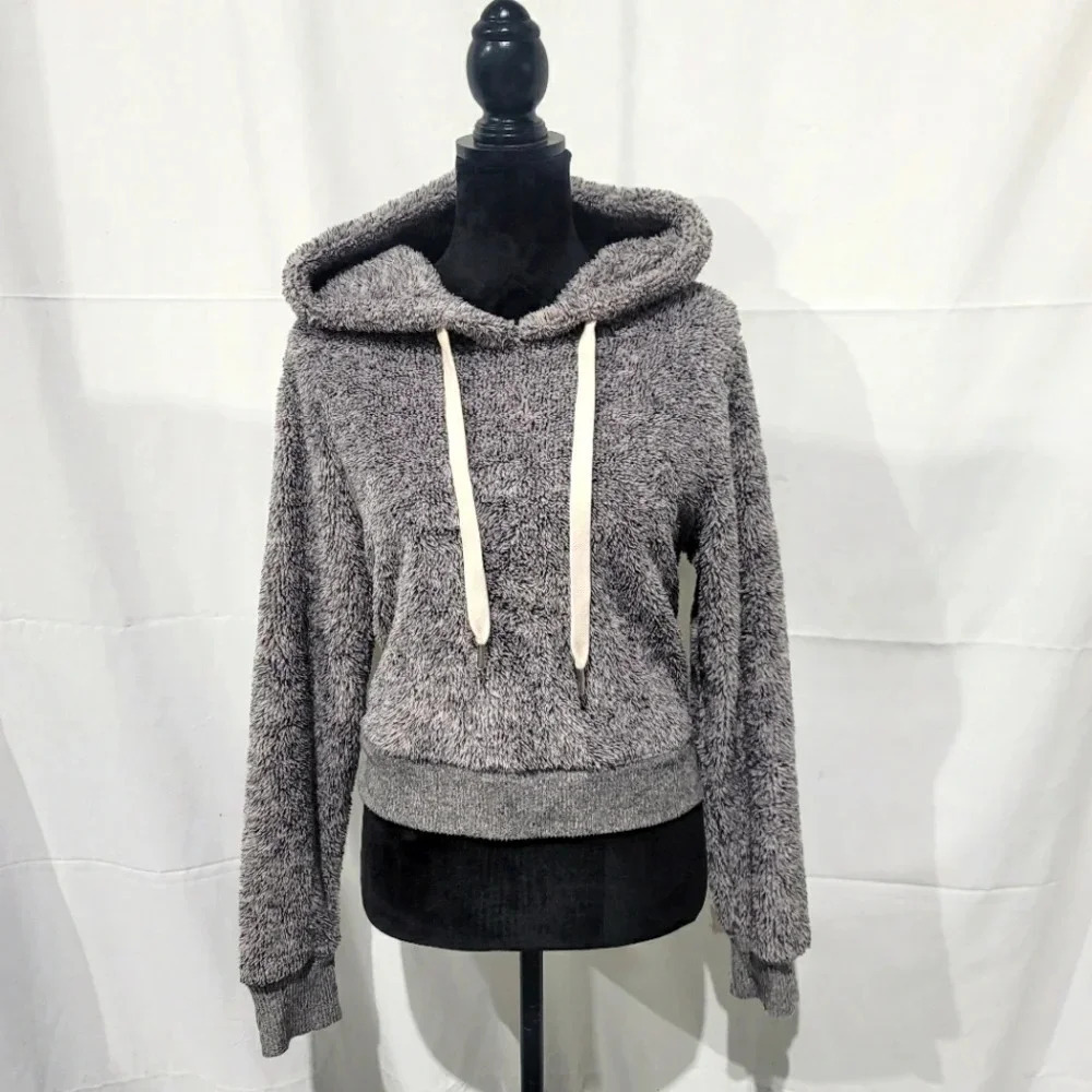 Miss Chievous Gray Teddy Bear Cropped Hoodie - Size Large - Fuzzy Sweatshirt